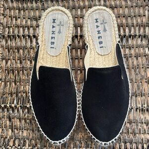MANEBI Black leather suede flat espadrille almond toe slip on women’s sz 36 us 6
